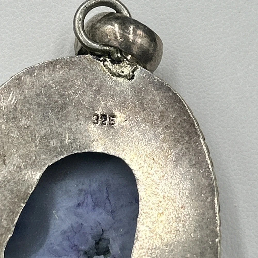 Vintage Sterling‎ Silver Chunky Deep  Blue Druzy Quartz Pendant 2